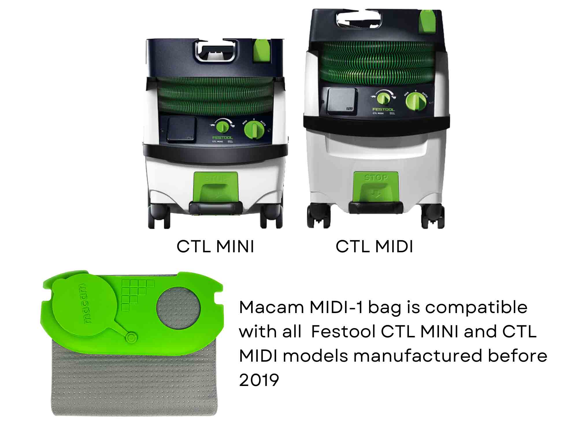 Compatibility chart for reusable dust bag fitting Festool CTL MINI and CTL MIDI